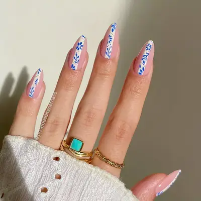 Sheer pink nails with blue and white striped nail art - MYM Beauty Bubble Bath Nails