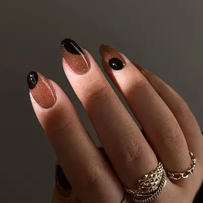 a sparkly caramel manicure with brown espresso blobs