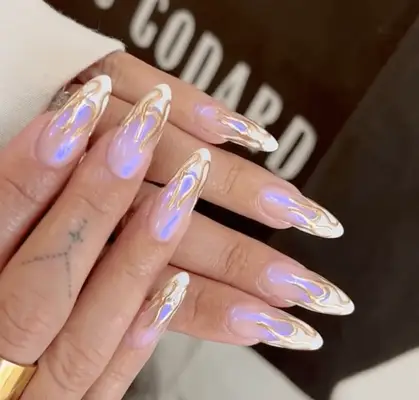 Lavender chrome nails.