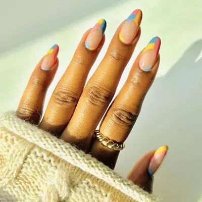 pink, yellow, and blue French manicure