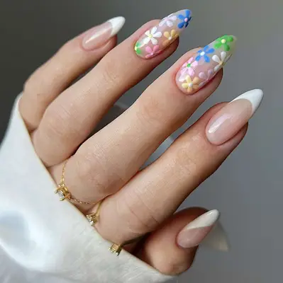 white french tips with multicolor flower designs