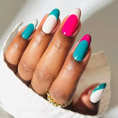 Teal and Pink French Skittle Nails - MYM Beauty French Skittle Nails