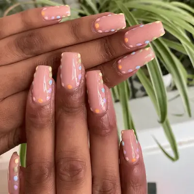 Square nude nails with pastel dots