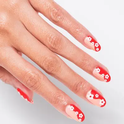 cream and red floral manicure