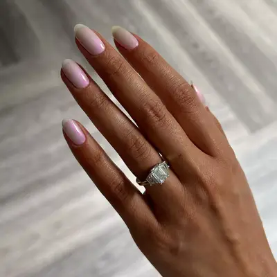 Blue-tinted chrome millennial pink manicure.