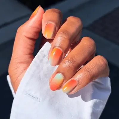 orange, yellow, blue ombre nails