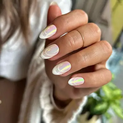 Iridescent White nails with art deco-inspired Double French nail art and a gold midi ring