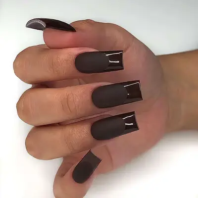 dark brown matte and glossy french square tipped nails