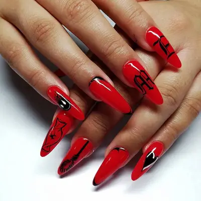 Black and red graphic art manicure