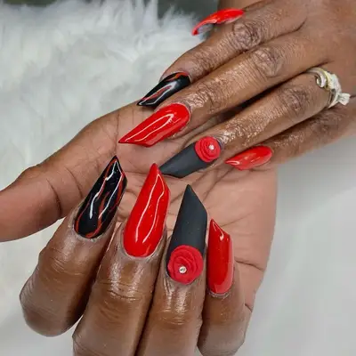Black and red lipstick-inspired nails