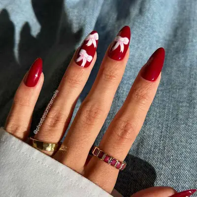 Burgundy and Blush Bow Nails - MYM Beauty January Nail Ideas