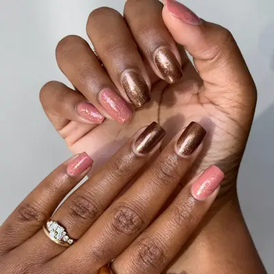 chocolate brown and pink sparkly square mani