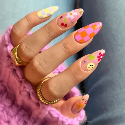 Bright colored checkerboard mismatched nails