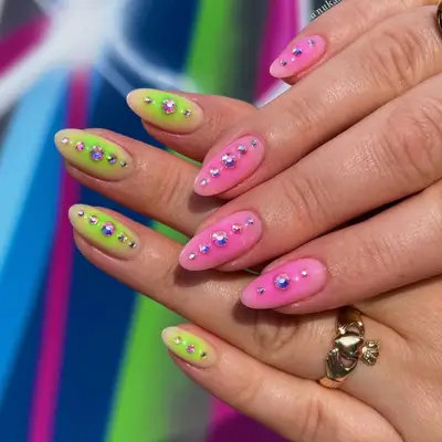 Neon gradient bejeweled nails