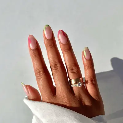 Bare nails with pink and green tips