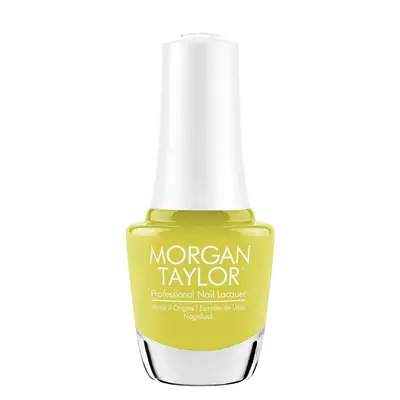 A bottle of nail polish labeled Morgan Taylor Professional Nail Lacquer in neon yellow