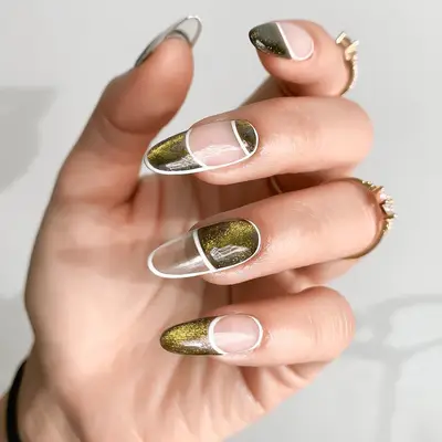 olive green velvet nails with negative space
