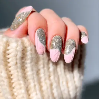 pink and silver velvet nails with sweater prints