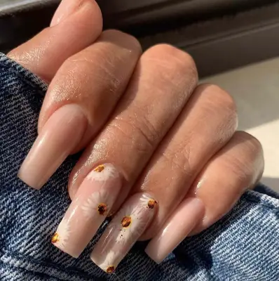 Nude square nails with sunflower nail art