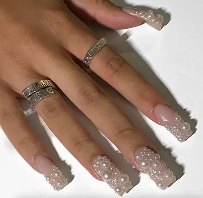 Square coffin nails with 3D pearls
