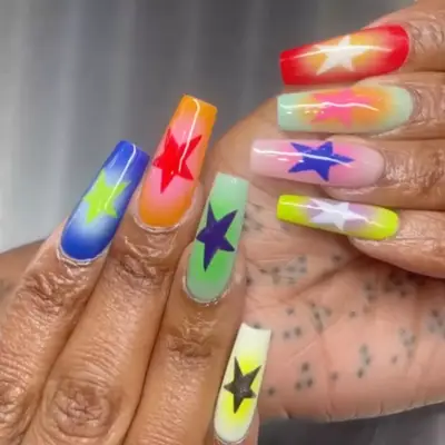 colorful mismatch bright aura nails with stars