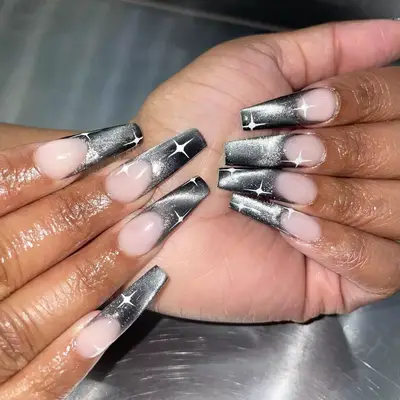 black cateye jelly french tip nails with white stars