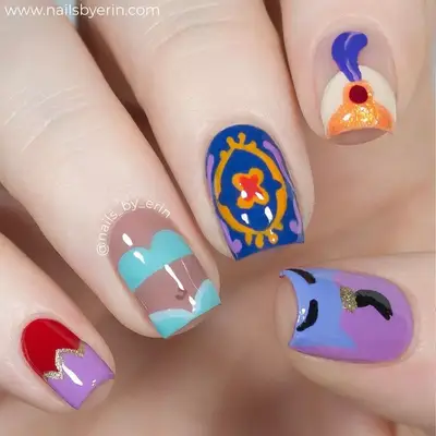 Manicure with minimalist Aladdin figure designs
