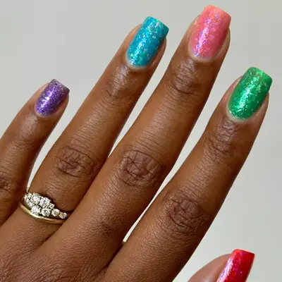 Jelly Glitter Skittle Nails in Purple, Blue, Pink, Green, and Red 