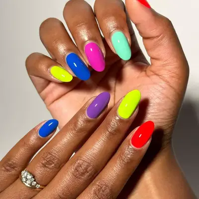 High Contrast Skittle Nails in neon shades