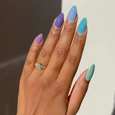Jelly Aqua Skittle Nails in shades of blue and purple