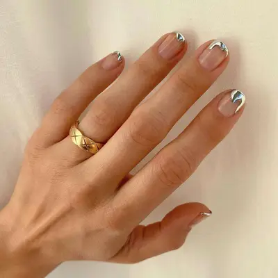 French manicure with silver metallic drip tips