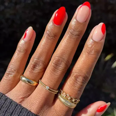 Red nails with abstract accents and negative space 