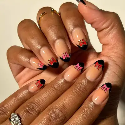 Black French Manicure with Pink and Red Bow Accents