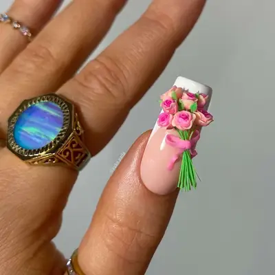 White square French manicure with 3D pink rose bouquet nail art