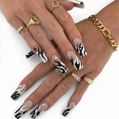 Black and white flame square French mani with rhinestone details