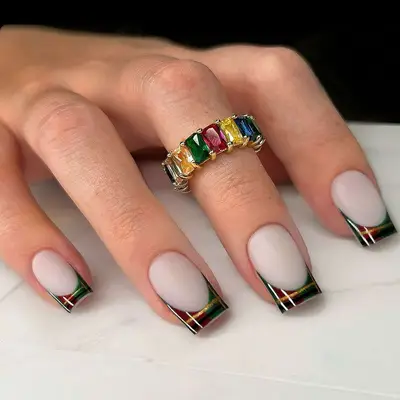 Burgundy, green, gold, and white matte plaid square French mani 