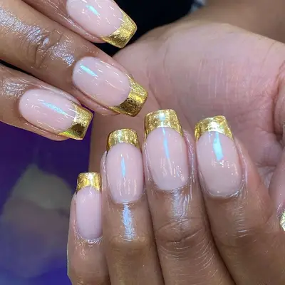 Gold foil square French mani with a clear glossy base