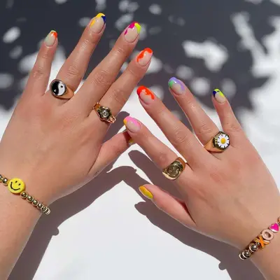 Color-block squiggle square French mani with hints of mustard, cobalts, pink, orange, purple, and lime