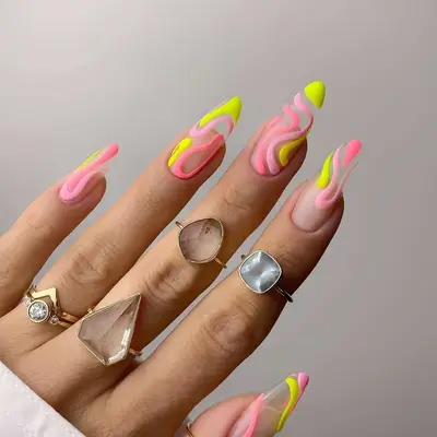 Neon squiggle matte nails