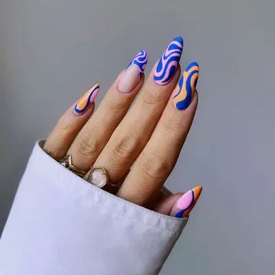 Blue and orange matte nails