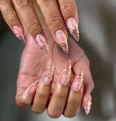 Rose gold chrome french with 3D gel designs