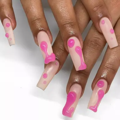 Neutral nails with hot pink slime design