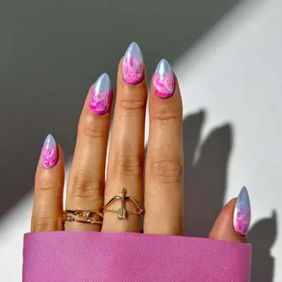 Pink and Blue Chrome Abstract Swirl Mani - MYM Beauty Chrome Nails for May