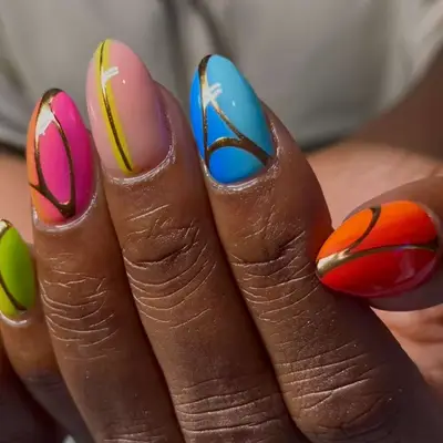 Gold Chrome Neon Skittle Nails - MYM Beauty Chrome Nails for May