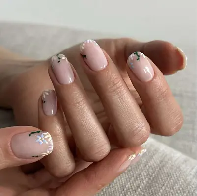 pink nails with floral tips