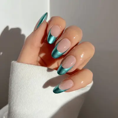 Teal chrome French nails