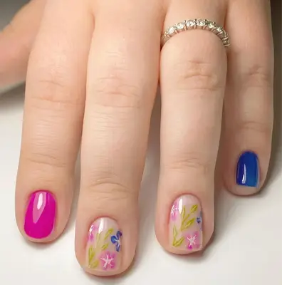 pink and blue floral nails