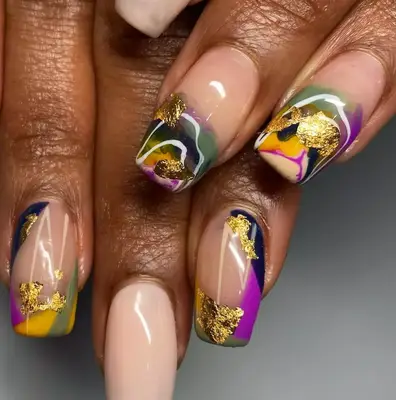 square watercolor nails with gold leaf accents