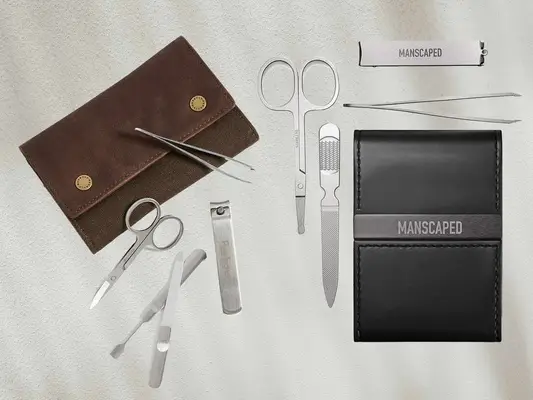 Collage of manicure kits for men, including kits from Barbour and Manscaped, on a gray background