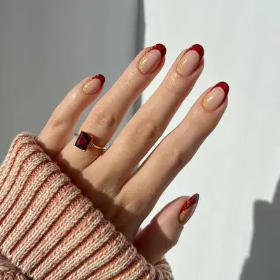 Red Velvet Gold French Tip Nails - MYM Beauty Red Velvet Nails